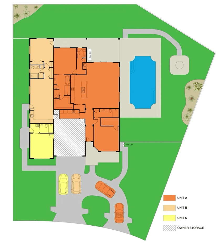 A map of the building with a pool in front.